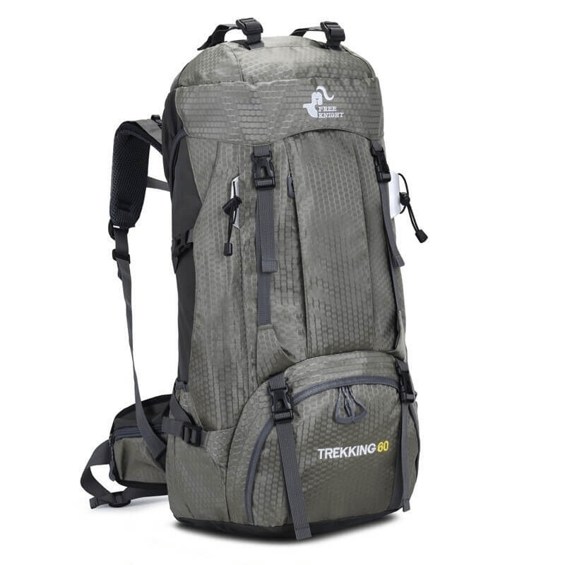 Large travel backpack SF0389 with rain cover, suitable for women and men, featuring a 56-75L capacity and ergonomic back support.